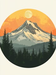 Colorful circular graphic of a snowy mountain peak.