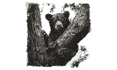 Bear Cub Playing in Forest, Hand-etched Baby Animal Drawing, Monochrome Fauna Illustration, Rustic Wildlife Art, Vintage Wildlife Etching, Nature Wall Print Decor, Trendy Black Sketch © Vintage studio