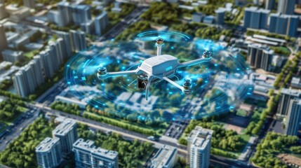 Autonomous AI-powered drone navigating through a digital urban simulation