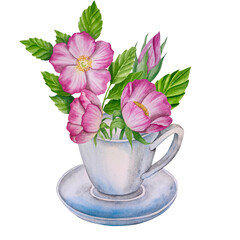 Green fresh tea leaves, cup of tea and brewing kettle, tea time set with flowers and berries of rose hip. International tea day illustration. Watercolor hand drawn isolated elements.