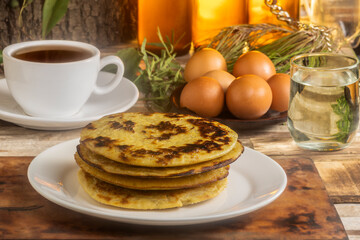 Traditional Breakfast: Cakes, Pancakes, Salmon, Honey and a Cup of Tea