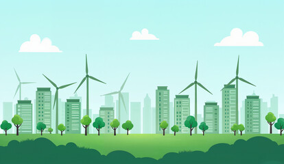 Green Cityscape with Wind Turbines and Modern Buildings