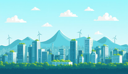 Obraz premium Modern Cityscape with Wind Turbines and Mountains