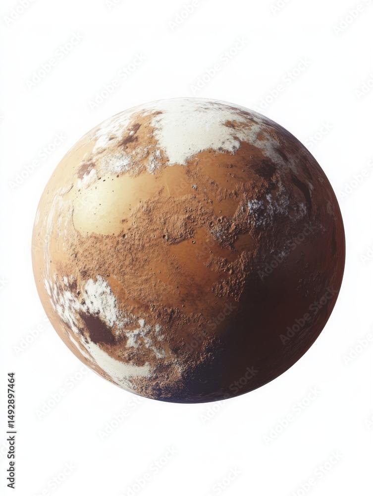 Poster mars close up isolated on white background showing red surface and polar ice caps space exploration 
