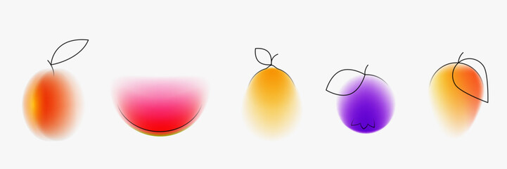 Peach, watermelon, lemon, avocado, plum. Set fruit plant in creative minimal style. Modern fashion concept design with simple shape lines and blur gradient elements. Bright vector illustration