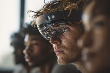 Man Wearing Augmented Reality Headset in Modern Office, Showcasing Innovation and Digital Transformation in Business and Technology : Generative AI