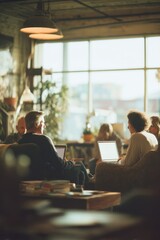 Fototapeta premium Diverse Group Working on Laptops in a Bright, Airy Office, Showcasing Collaboration and Workplace Inclusion for Teamwork and Productivity : Generative AI