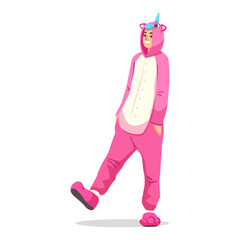 Cheerful man in a pink unicorn onesie costume smiling and walking playfully, cartoon style, isolated on white background. Concept of fun outfit. Vector illustration