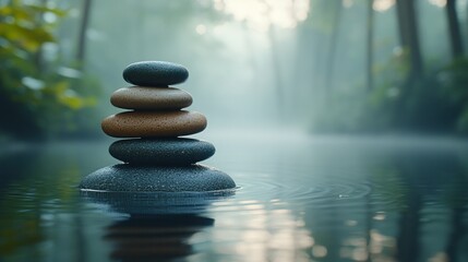 Obraz premium Zen stones balanced on water in misty forest