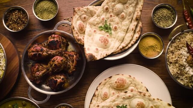 High Angle Still Life Display Indian Cuisine Including Rice Tandoori Chicken and Freshly Baked Naan Bread with Aromatic Spices and Herbs on Rustic Wooden Table
