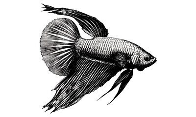Betta Fish Swimming, Hand-etched Tropical Fish Drawing, Monochrome Etching, Vintage Nature Print, Rustic Black Sketch, Scientific Aquatic Illustration, Old Engraving Style