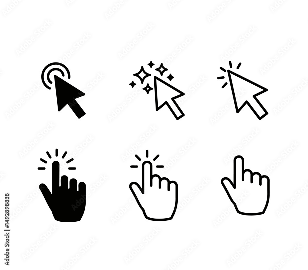 Poster collection of nine different cursor and hand icons illustrating clicking and pointing actions in bla