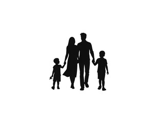 Father Mother Silhouette Walking Together Holding Children Hands Black Vector on White Background