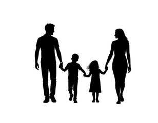 Family Silhouette Walking Together Holding Hands Black Vector on White Background