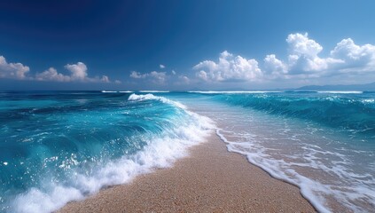 Turquoise Ocean Meets Sandy Beach Under Blue Sky with Fluffy Clouds Eye Level Long Shot