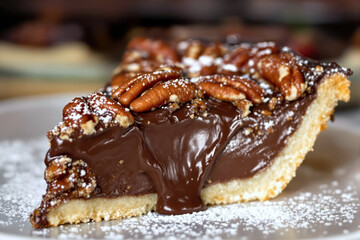 A close-up of a freshly baked chocolate pecan pie slice garnished with whole toasted pecans.
