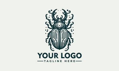 Obraz premium Detailed stag beetle illustration surrounded by decorative symmetrical leaves in vintage style. Nature concept 