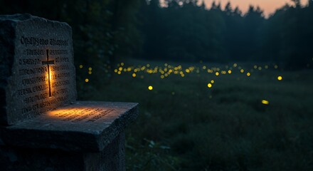 Stone monument with cross at dusk with fireflies