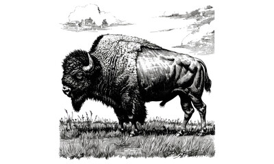Bison Grazing in Field, Vintage Wildlife Line Art, Monochrome Animal Sketch, Hand-etched Engraving, Rustic Nature Print, Wildlife Wall Decor, Vintage Style Animal Illustration © Vintage studio