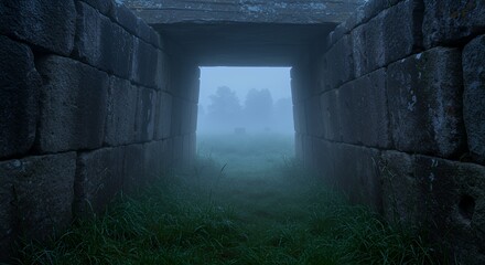 Stone passage in fog with grass