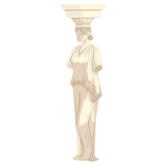 Classical female caryatid statue in ancient Greek style, flat design on white background. Concept of historical art and architecture. Vector illustration