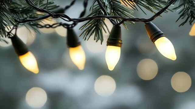 Warm glowing holiday lights and string lights green pine branches create festive, cozy winter celebration atmosphere with soft, blurred bokeh, featuring warm, glowing, and inviting light for perfect
