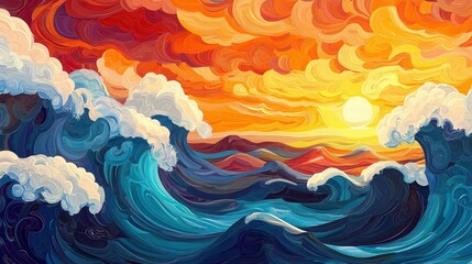 Vibrant sunset over ocean waves, stylized art.