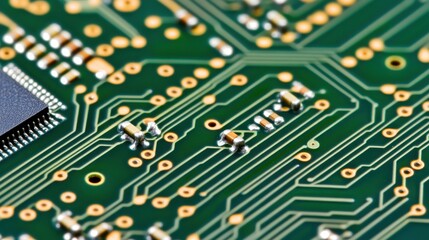 Obraz premium Close-up of microchip circuits glowing, illustrating the heart of technological advancement and digital evolution