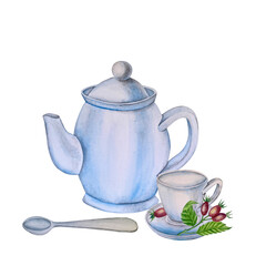 Green fresh tea leaves, cup of tea and brewing kettle, tea time set with flowers and berries of rose hip. International tea day illustration. Watercolor hand drawn isolated elements.