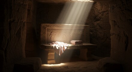 Stone bench with cloths in a cave bathed in sunlight
