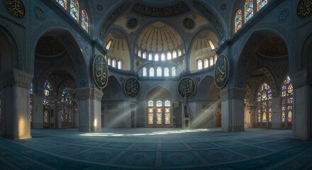 Mosque Interior With Stained Glass Windows and Sunbeams
