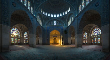 Mosque Interior with Stained Glass Windows and Arches