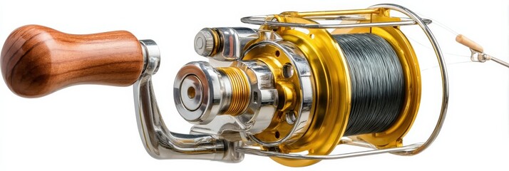 Close-up of a high-end fishing reel, showcasing its intricate design and gold accents.  The wooden handle adds a touch of elegance.