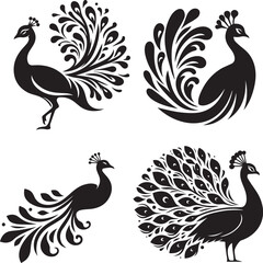 Peacock Silhouette Vector Set – Elegant Bird Illustrations, Royal Peacock Clipart, Ornamental Wildlife Design Elements