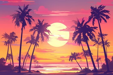 Fototapeta premium Vibrant sunset scene with silhouettes of palm trees.