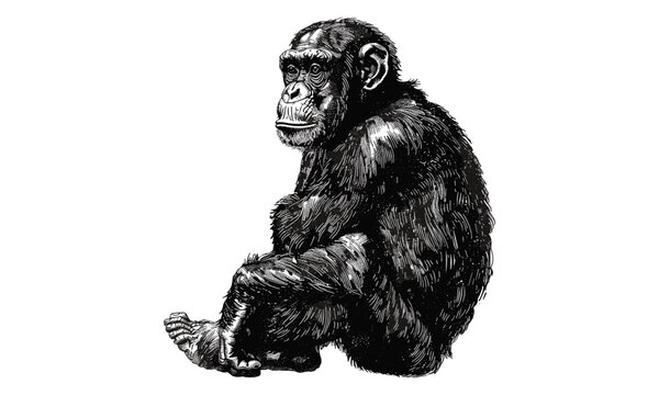 Vintage Bonobo Etching, Detailed Antique Illustration, Rustic Wildlife Line Art, Endangered Primate, Monochrome Wall Sketch, Black Ink Drawing, hand drawn animal print