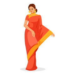 Woman wearing a red and yellow saree with gold earrings, flat graphic style, on a white background. Concept of Indian culture. Vector illustration