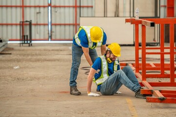 A worker in a hard hat is injured and being helped by another worker.