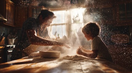 Father and Son Baking Together in Kitchen, Creating Flour Cloud, Representing Family Values and Childhood Memories for Lifestyle Content : Generative AI