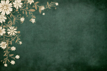 Vintage floral background with elegant beige flowers and leaves on a textured green surface. Ideal for invitations, announcements, or decorative designs.