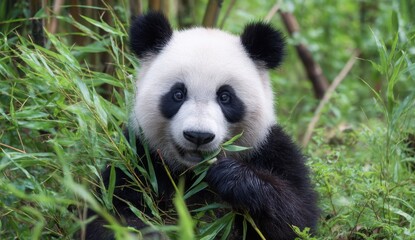 Fototapeta premium Panda eating bamboo in lush green forest