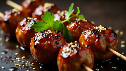 Close-up of glazed grilled meatballs on skewers garnished with fresh green herbs and sprinkled with sesame and colorful spices on a dark background