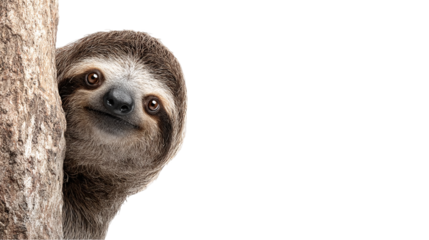 A curious sloth peeking around a tree trunk in a lush green environment, showcasing its playful nature