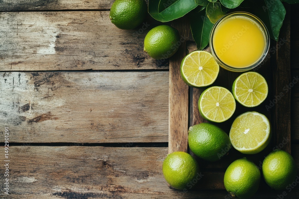 Poster fresh limes and lime juice on rustic wooden table create a vibrant culinary setting, fresh limes and