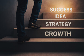 A person climbs stairs labeled with success idea strategy and growth symbolizing progress and achievement in business
