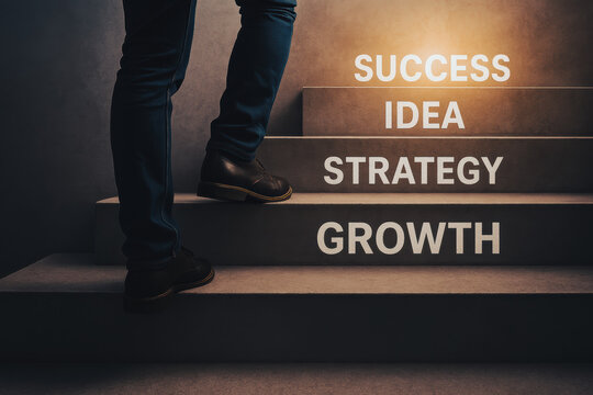 A person climbs stairs labeled with success idea strategy and growth symbolizing progress and achievement in business