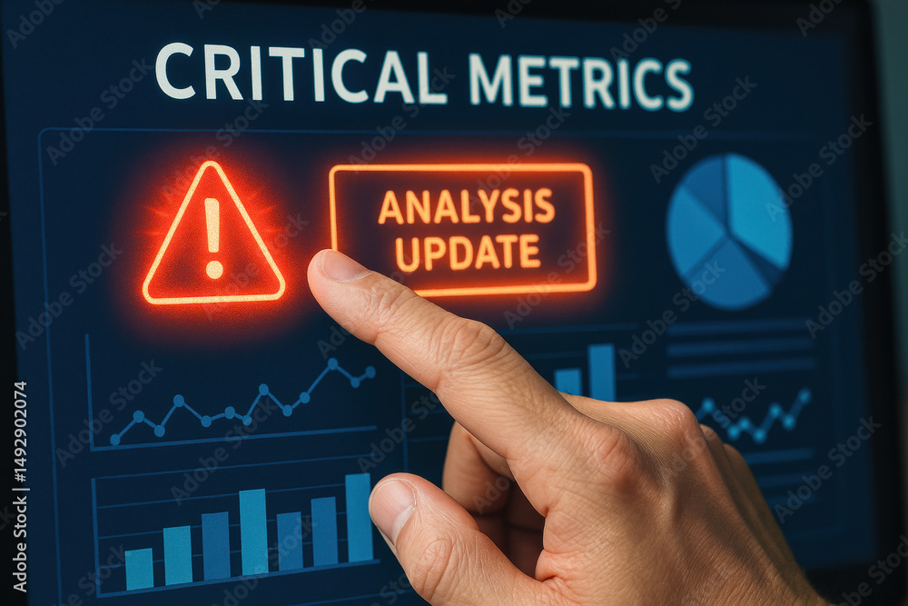 Poster a hand taps a critical alert on a business dashboard displaying real-time data charts emphasizing st