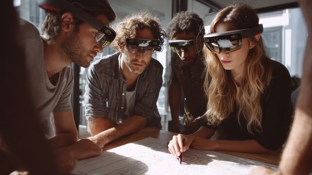 Diverse Team Using Augmented Reality Headsets to Analyze a Map, Representing Innovation and Digital Transformation in Business Strategy : Generative AI