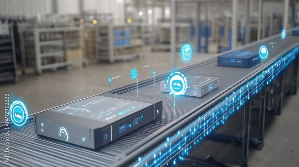 Aufkleber conveyor belt with embedded smart sensors tracking parts flow and id