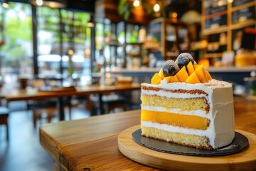 Delicious Layered Cake with Fresh Mango and Berries in Cozy Cafe Environment, Perfect for Dessert Lovers and Food Photography Enthusiasts